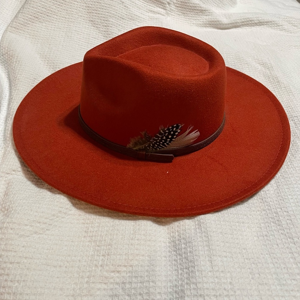 ARULA Rust Red Wide Brim Felt Fedora with Feather Trim